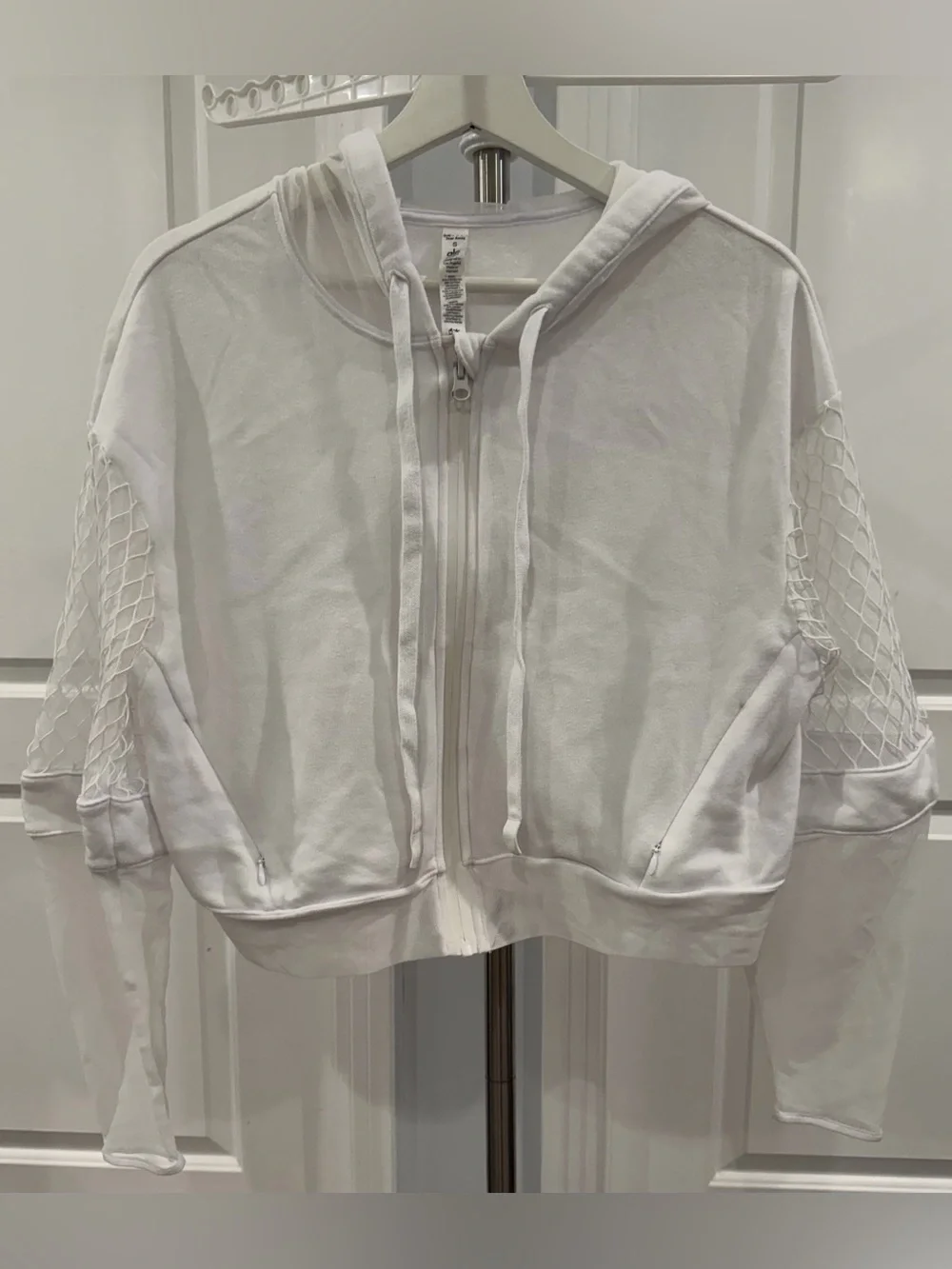 ALO - white Mesh Crop Hoodie front zipper FLAWS SEE!
